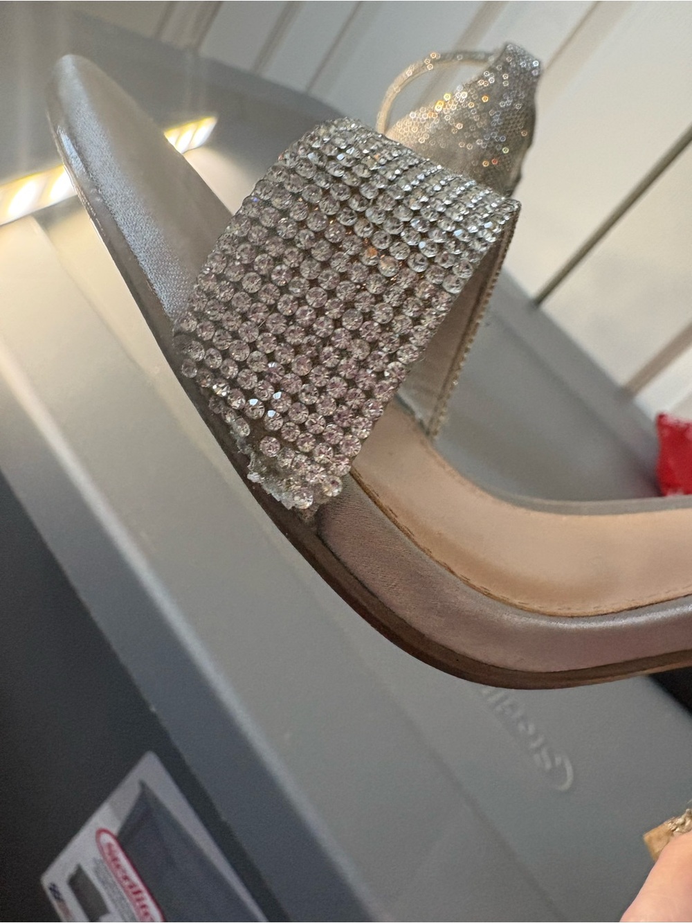 Steve Madden Silver Rhinestone Block Heel Sandals with Ankle Strap - Picture 7 of 7